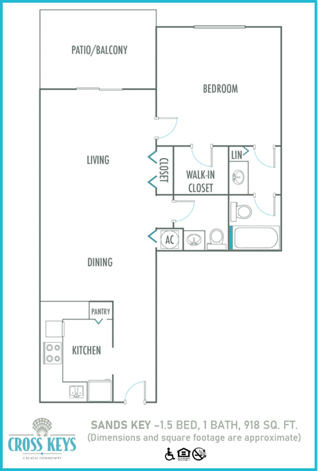 Floor plan for 1 bed, 1.5 baths, 918 sqft